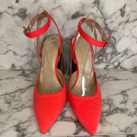 AREA Neon Orange Crystal Chandelier Canvas Block Heel Point Toe Pumps - Picture 3 of 11